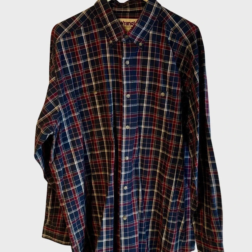 WRANGLER WESTERN Rugged Wear Plaid Button Up Oxford Shirt X-Large Blue/Red - Picture 1 of 5